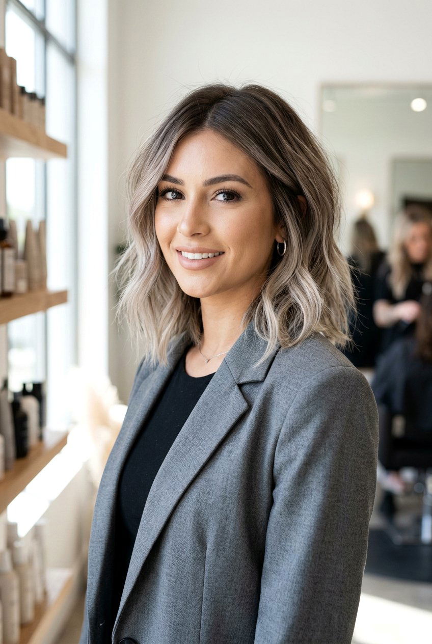 Ash Brown Root Melt On Textured Layered Lob - 20 brunette root melt for layered lob - 20 brunette root melt for layered lob