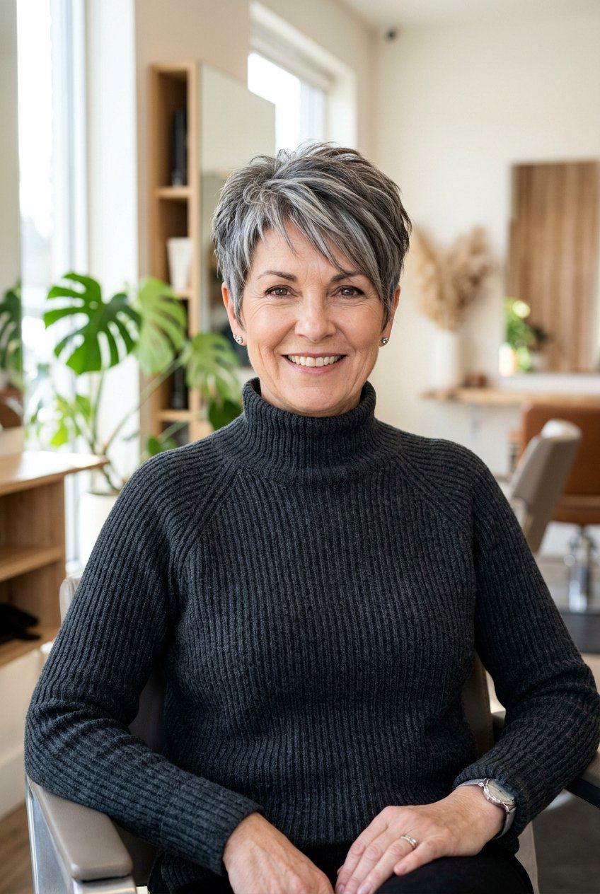 Ash Grey Balayage on Short Pixie Cut - 20 silver balayage for mature women - 20 silver balayage for mature women