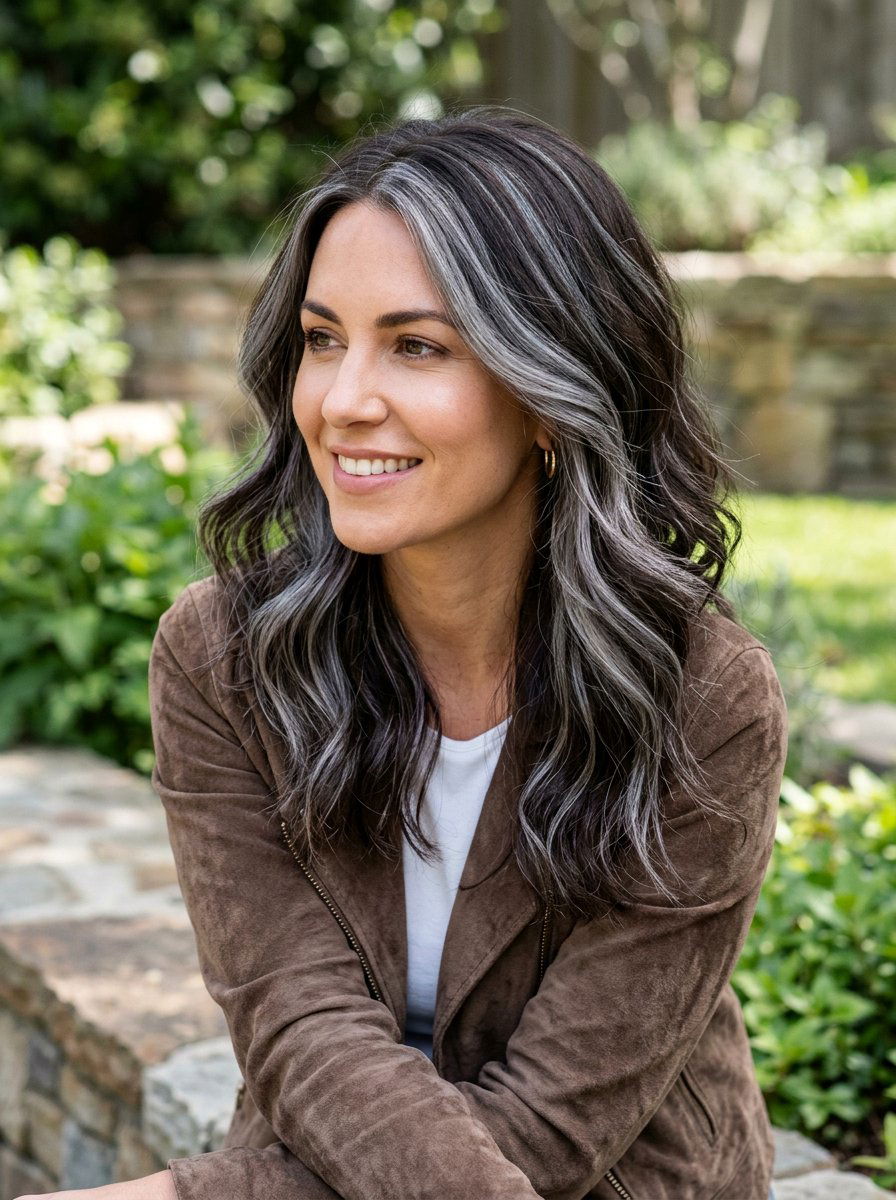 Ash grey highlights on dark brown hair - 20 salt and pepper highlight ideas - 20 salt and pepper highlight ideas