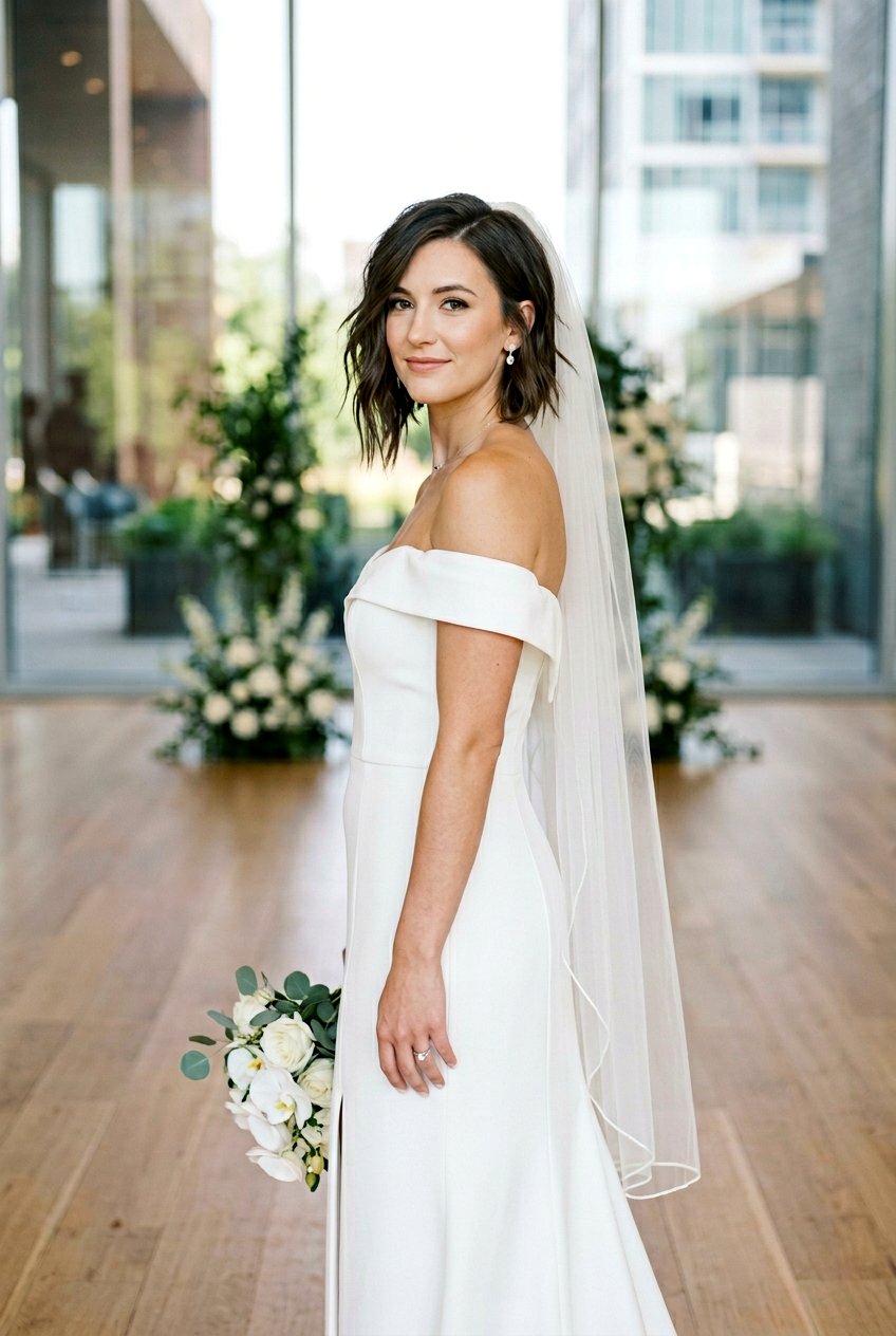 Asymmetrical Bob Cut - 20 bridal hairstyle for short bob with veil