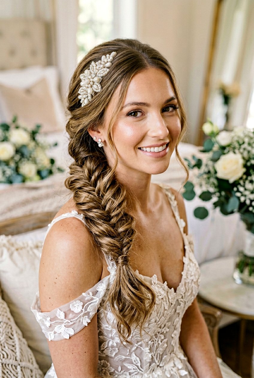 Asymmetrical Braid With Pearl Headband - 20 bridal hairstyle with pearl headband - 20 bridal hairstyle with pearl headband