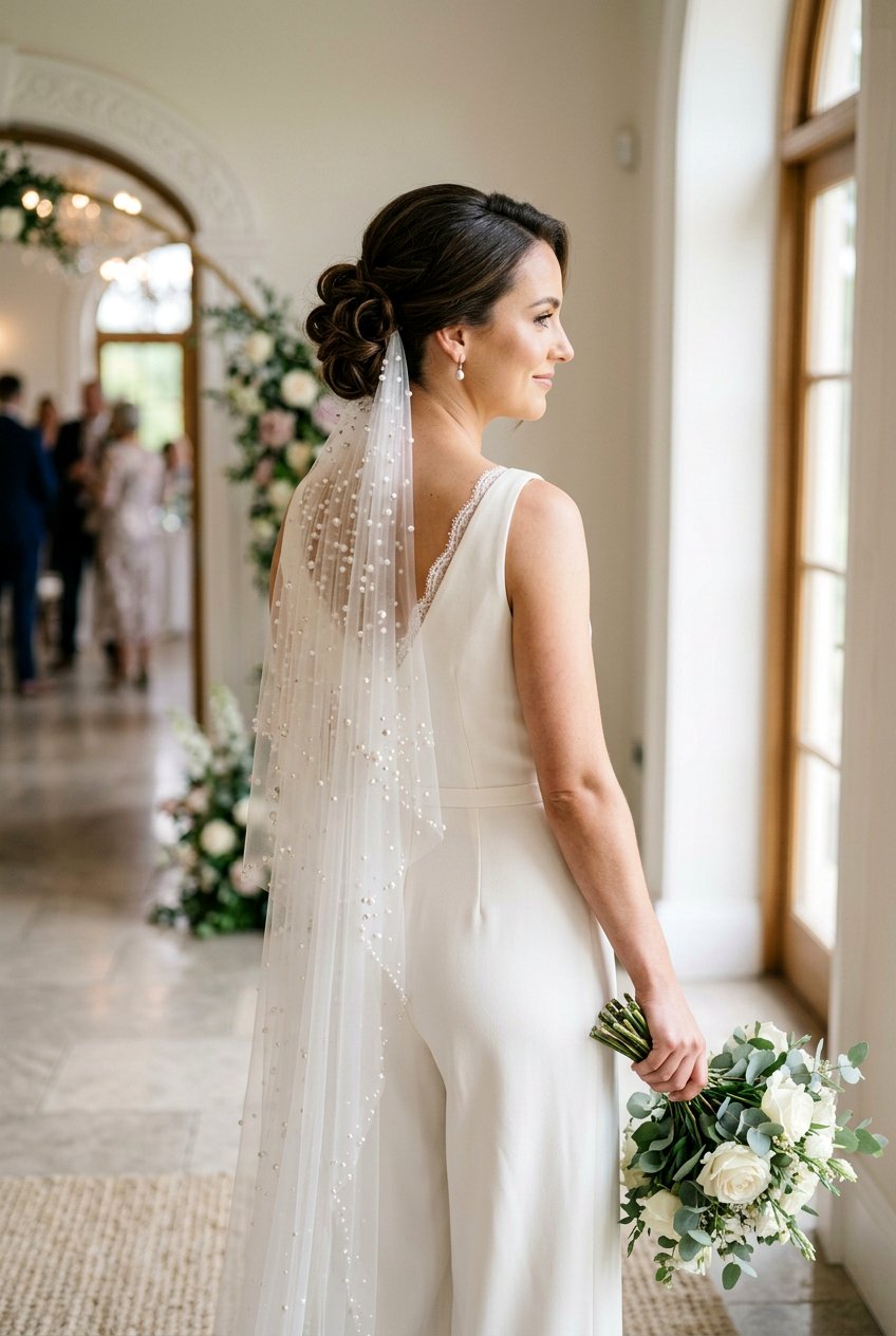 Asymmetrical Bridal Low Bun With Pearl Veil - 20 bridal low bun with pearl veil - 20 bridal low bun with pearl veil