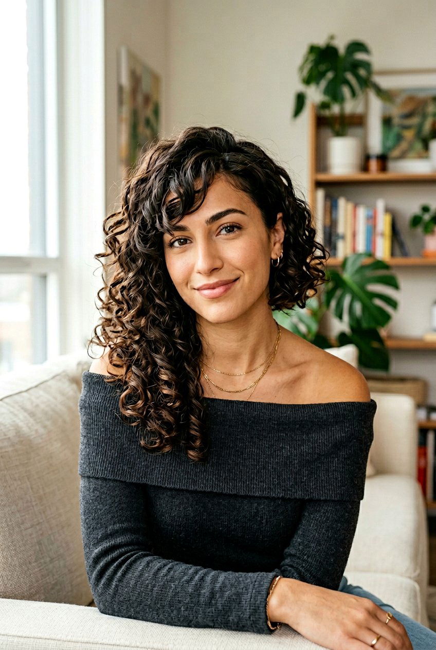 Asymmetrical Curly Bob With Side Bangs - 20 curly haircut with side bangs - 20 curly haircut with side bangs