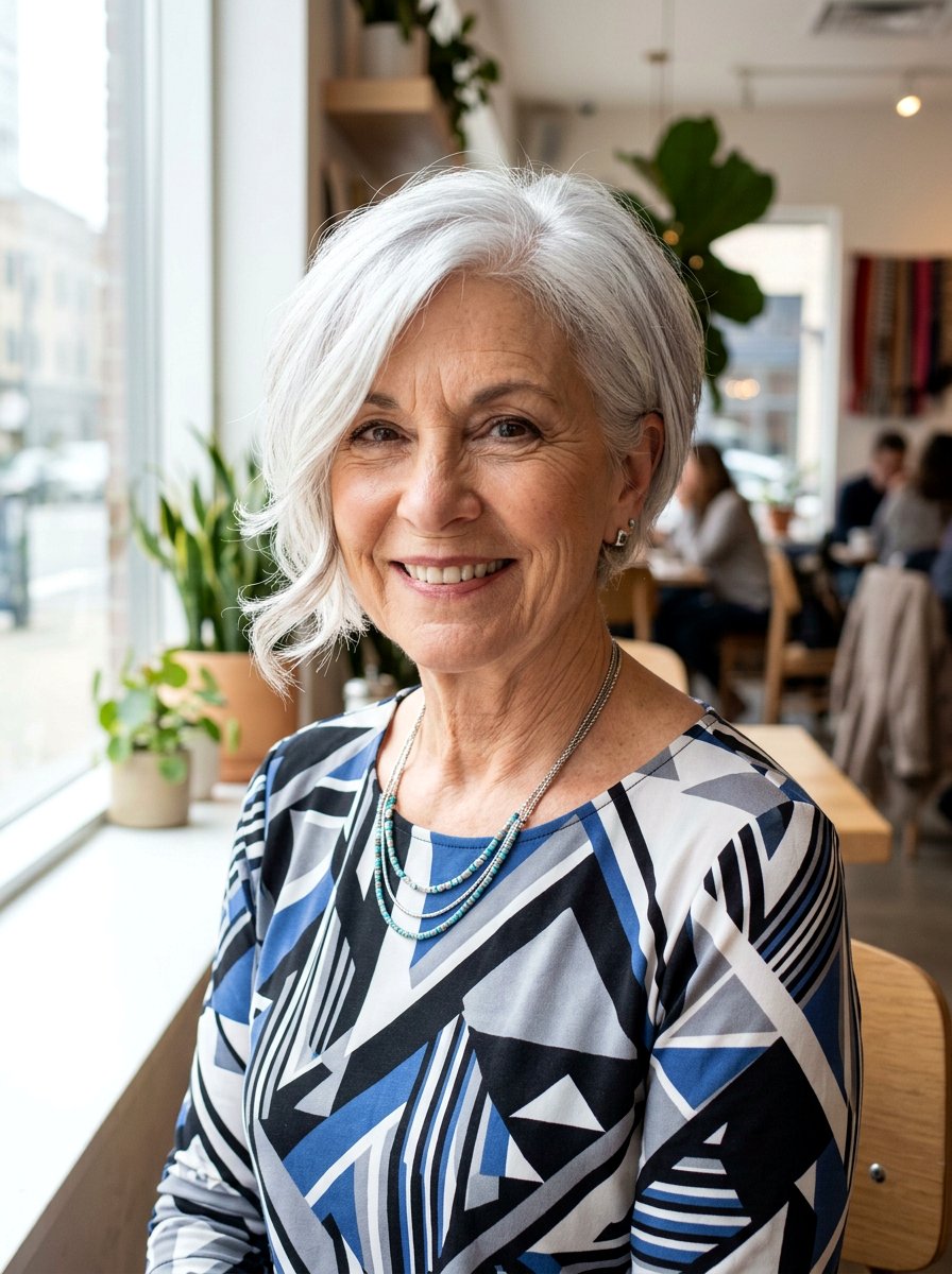 Asymmetrical Feathered Bob - 20 silver feathered haircut for older women - 20 silver feathered haircut for older women