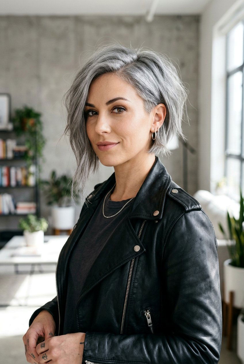Asymmetrical Gray Bob for Modern Edge - 20 mom low maintenance gray bob - 20 mom low maintenance gray bob