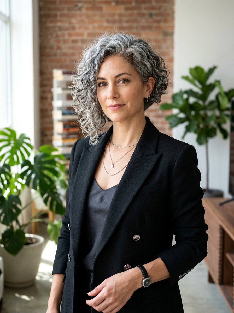 Asymmetrical Gray Curly Bob - 20 shoulder length gray curls for older women - 20 shoulder length gray curls for older women