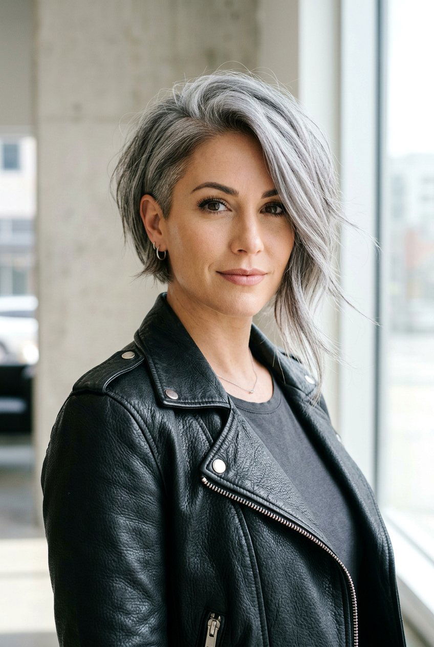 Asymmetrical Gray Layered Bob - 20 gentle layers for naturally gray hair - 20 gentle layers for naturally gray hair