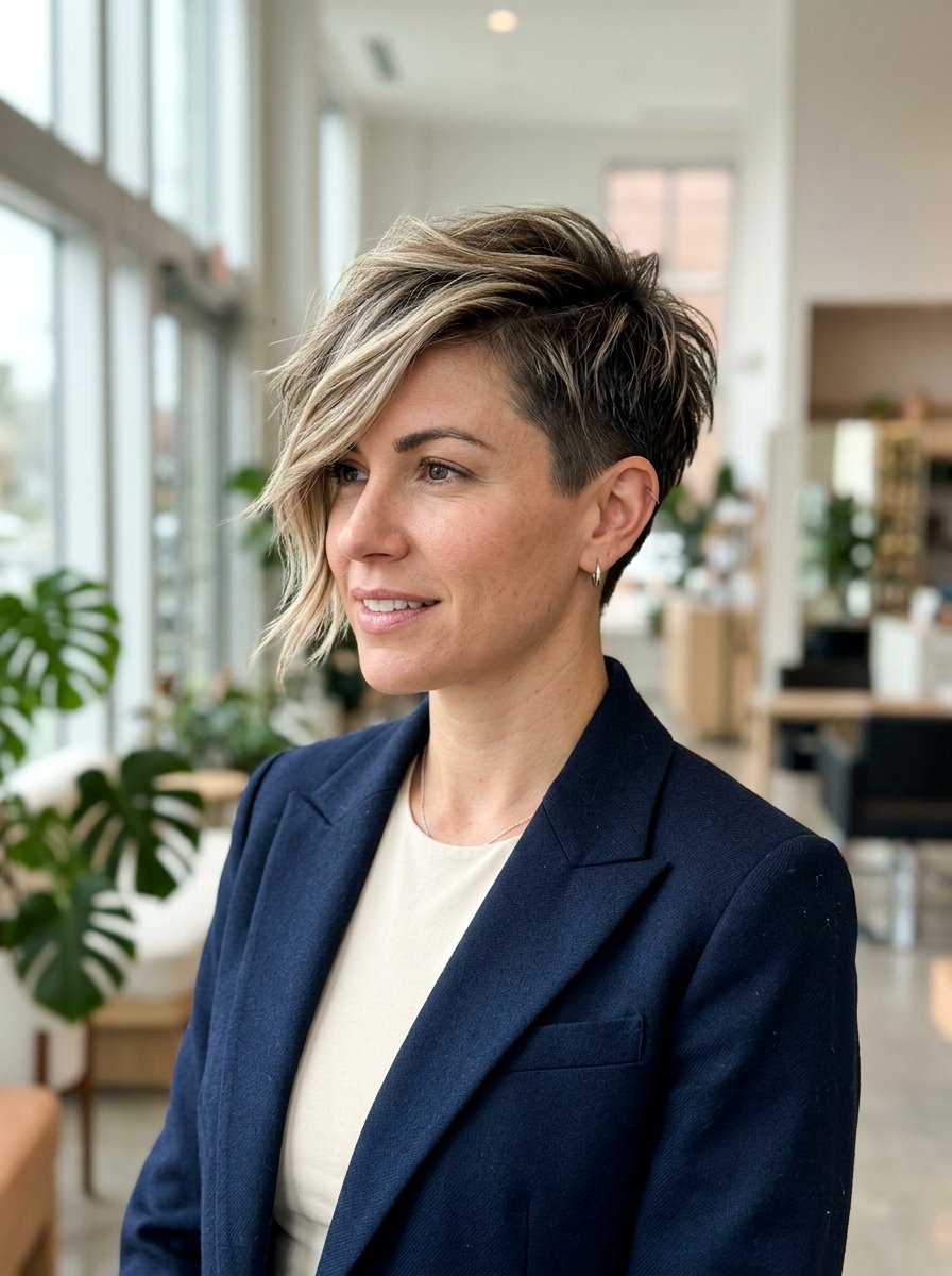 Asymmetrical Layered Pixie With Side Sweep - 20 layered pixie with side fringe - 20 layered pixie with side fringe