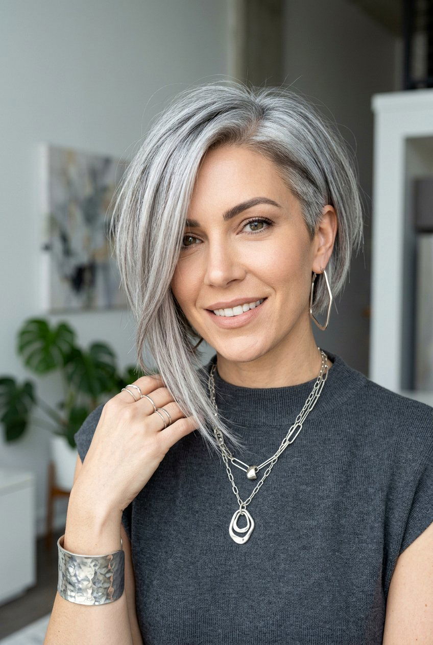 Asymmetrical Layered Silver Bob - 20 gray bob with layers for older women - 20 gray bob with layers for older women