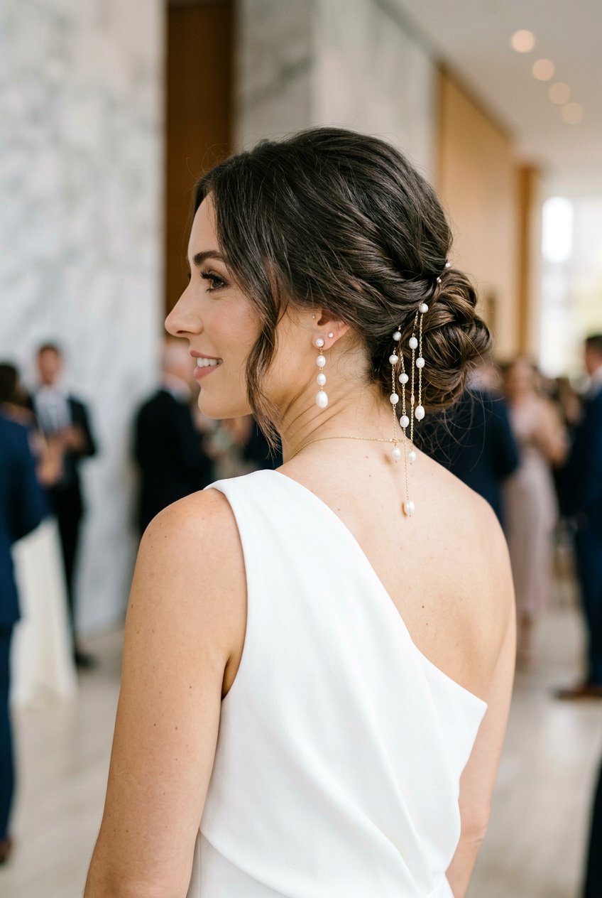 Asymmetrical Low Bun With Pearl Drops - 20 birthday hairstyle with low bun and pearls - 20 birthday hairstyle with low bun and pearls