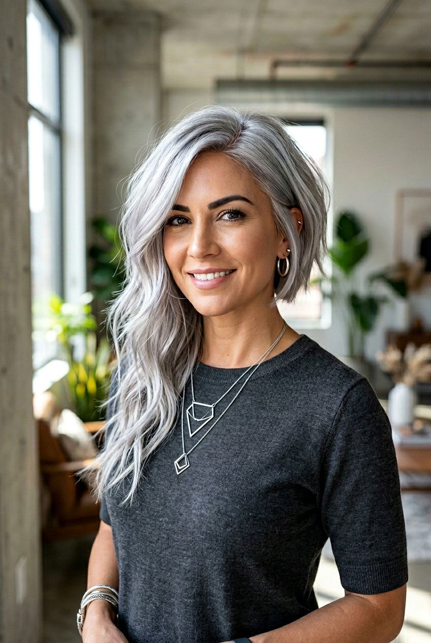 Asymmetrical Metallic Silver Bob - 20 metallic silver bob hair color - 20 metallic silver bob hair color