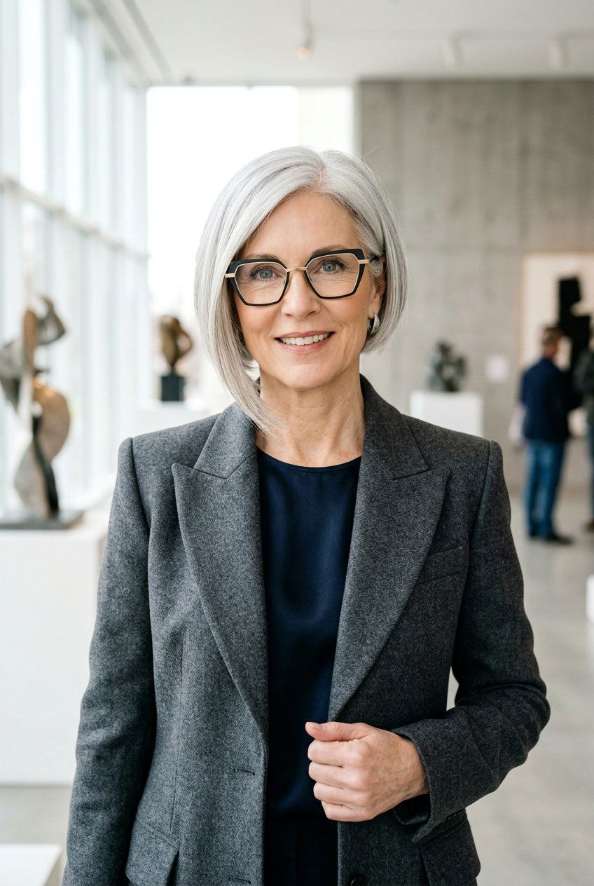 Asymmetrical Silver Bob - 20 gray hairstyles for women with glasses - 20 gray hairstyles for women with glasses