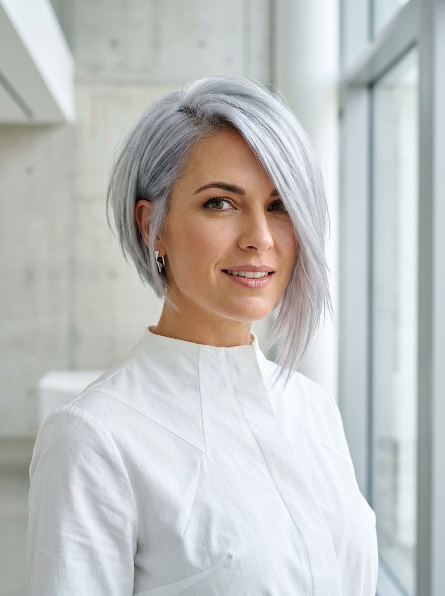 Asymmetrical Silver Bob - 20 polished gray bob hair color - 20 polished gray bob hair color