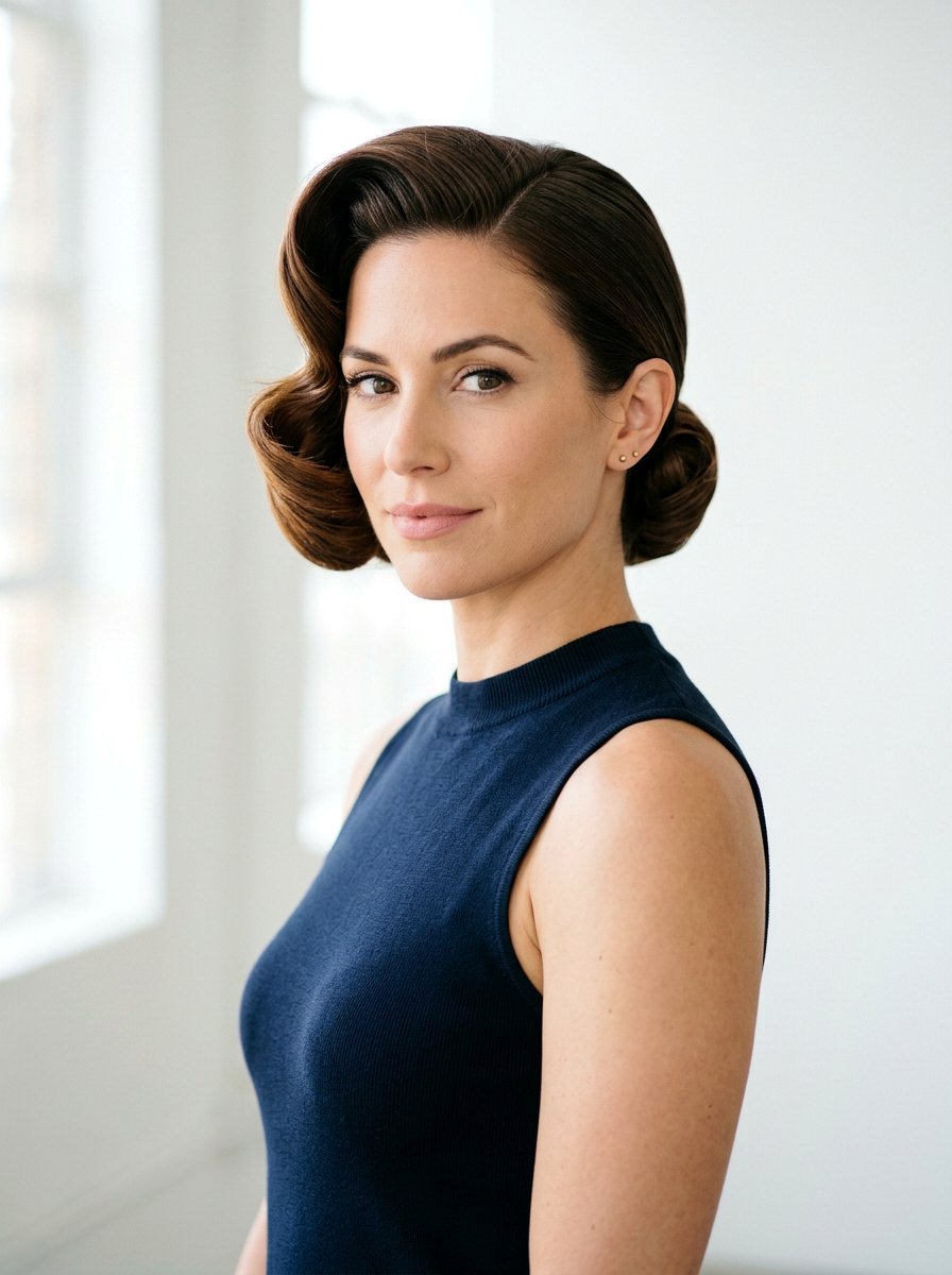 Asymmetrical Single Victory Roll With Smooth Back - 20 vintage victory rolls hairstyle - 20 vintage victory rolls hairstyle