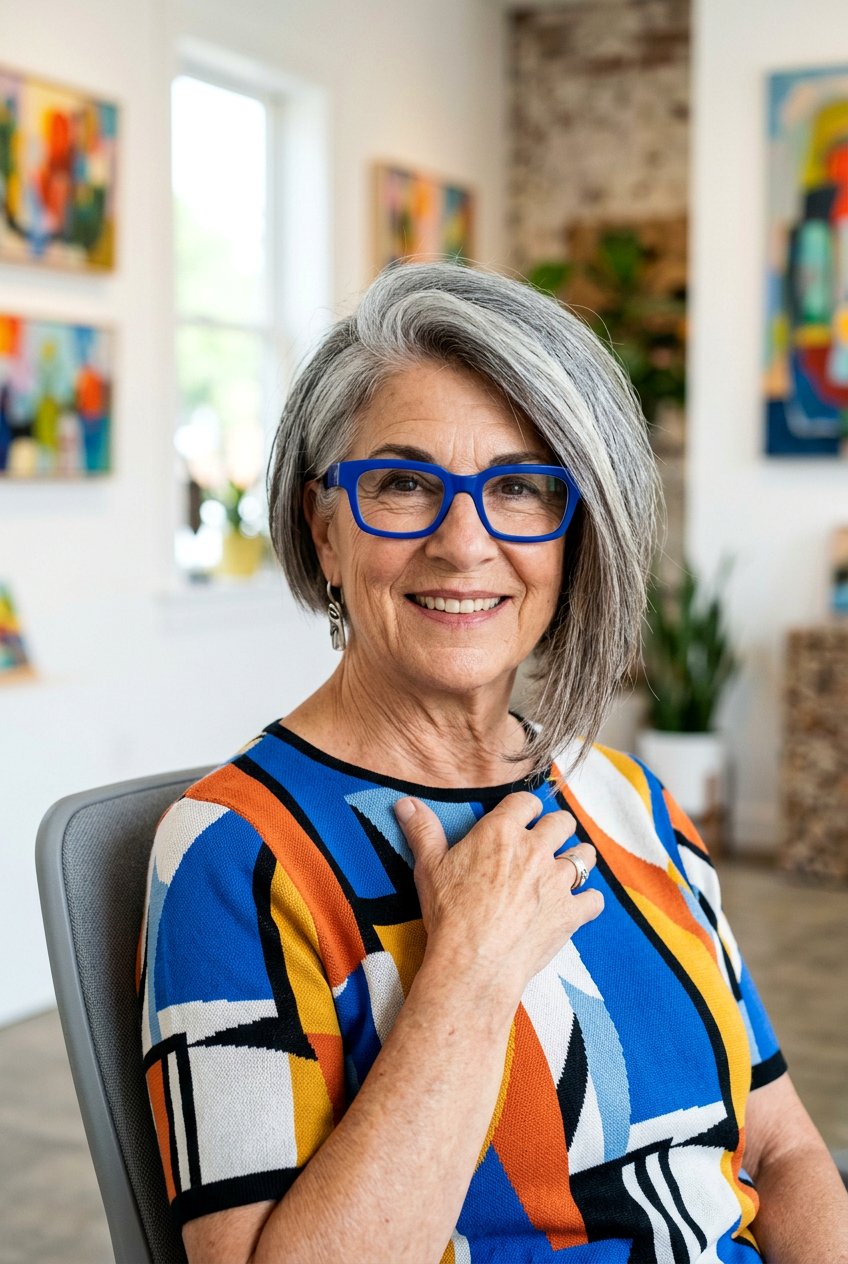 Asymmetrical bob with bold frames - 20 hairstyles for women with glasses over 60 - 20 hairstyles for women with glasses over 60