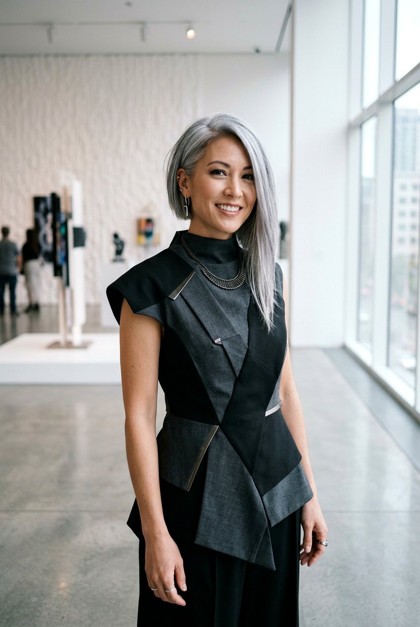 Asymmetrical silver bob - 20 gray transition bob hairstyle - 20 gray transition bob hairstyle