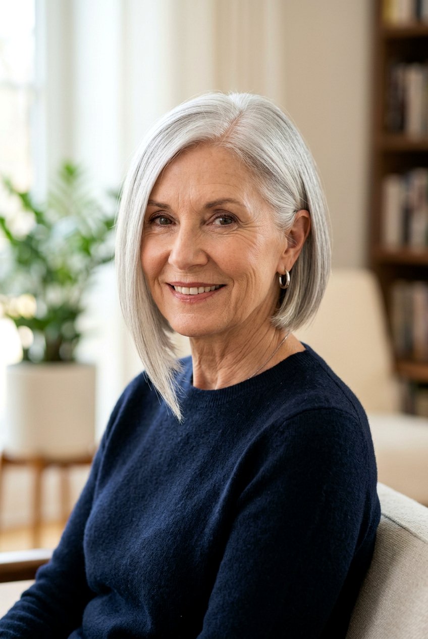 Asymmetrical silver bob - 20 gray hairstyles for older women - 20 gray hairstyles for older women