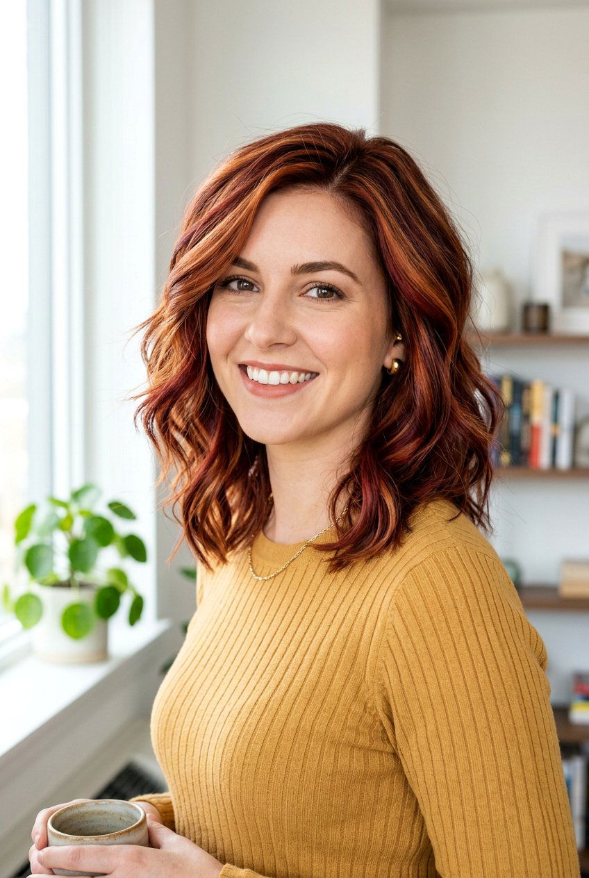 Auburn And Copper Blend On A Layered Lob - 20 autumn auburn highlights for brunettes - 20 autumn auburn highlights for brunettes