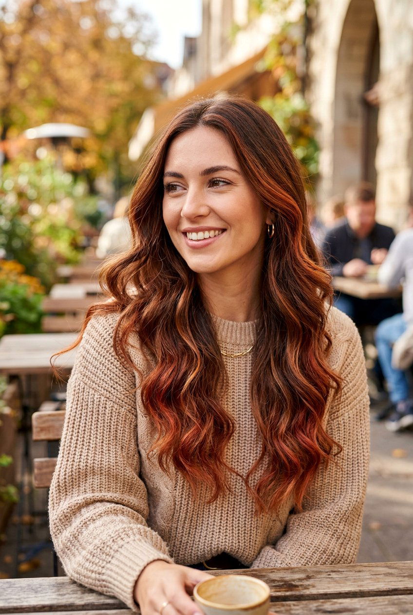 Auburn Balayage On Long Brunette Hair - 20 autumn auburn highlights for brunettes - 20 autumn auburn highlights for brunettes