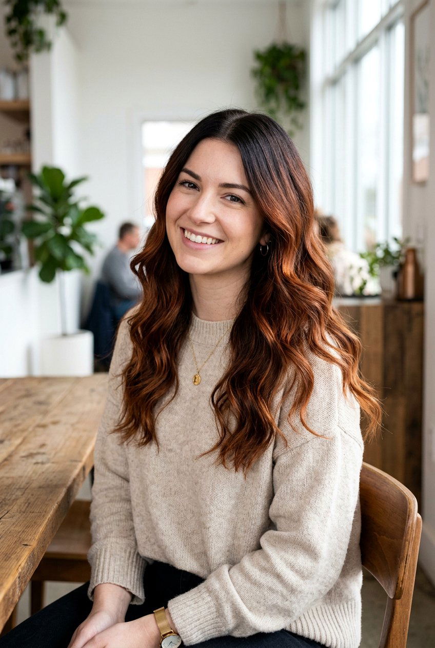 Auburn Balayage with Shadow Root - 20 auburn balayage on dark hair - 20 auburn balayage on dark hair