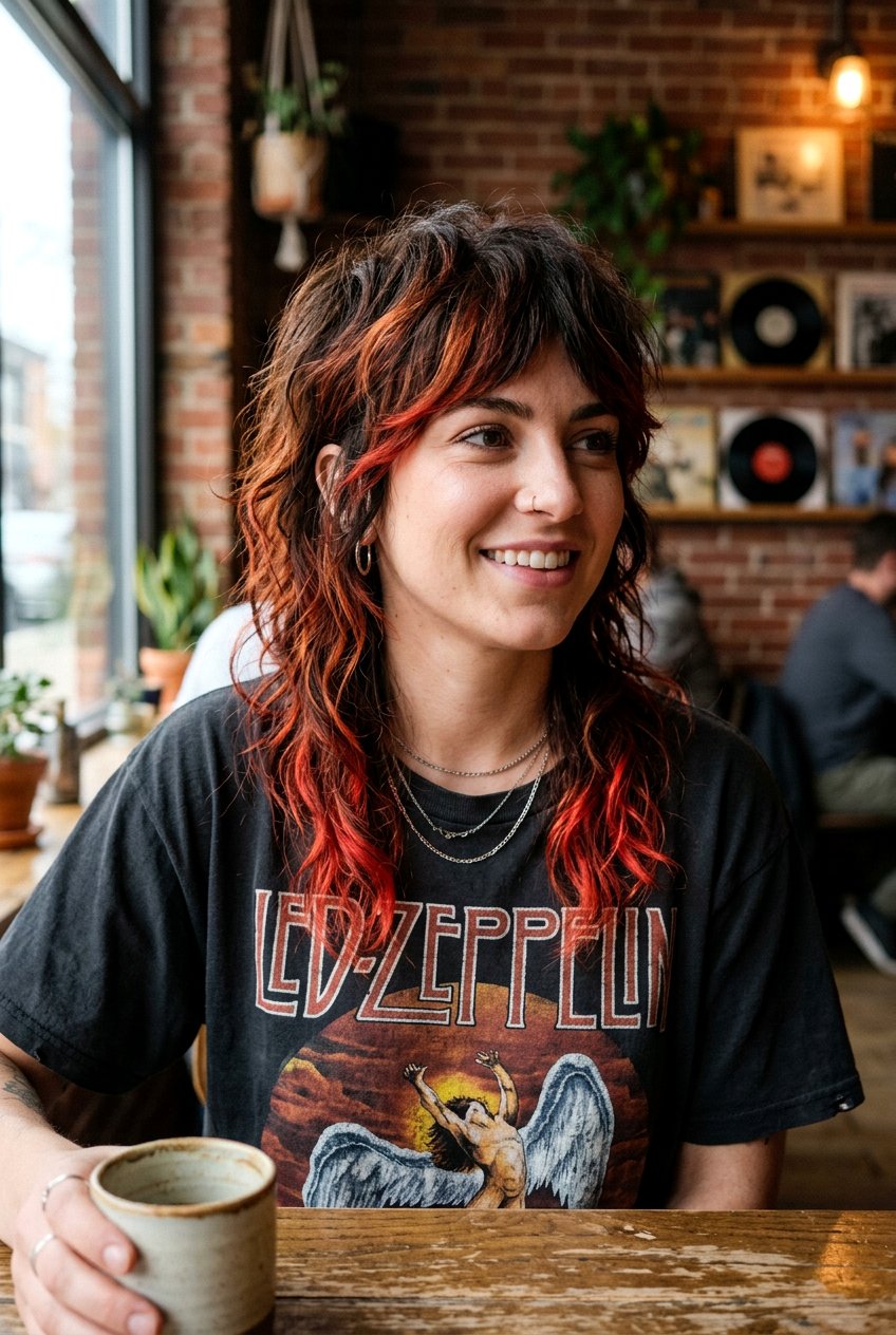 Auburn Flame Highlights On A Brunette Mullet - 20 autumn auburn highlights for brunettes - 20 autumn auburn highlights for brunettes