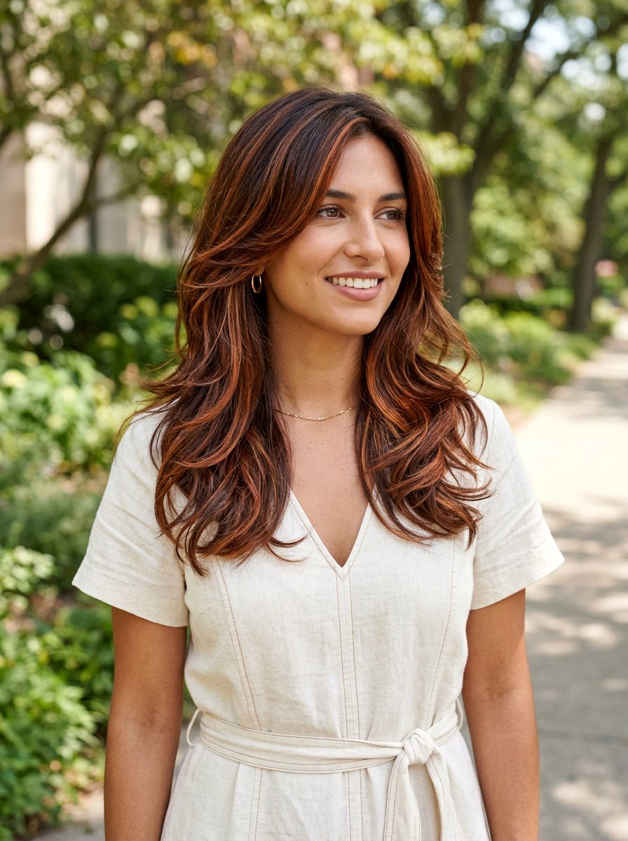 Auburn Highlights on Brunette with Layers - 20 soft auburn highlights on brown hair - 20 soft auburn highlights on brown hair