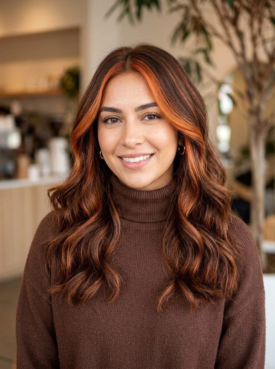 Auburn Highlights with Money Piece on Brown Hair - 20 soft auburn highlights on brown hair - 20 soft auburn highlights on brown hair