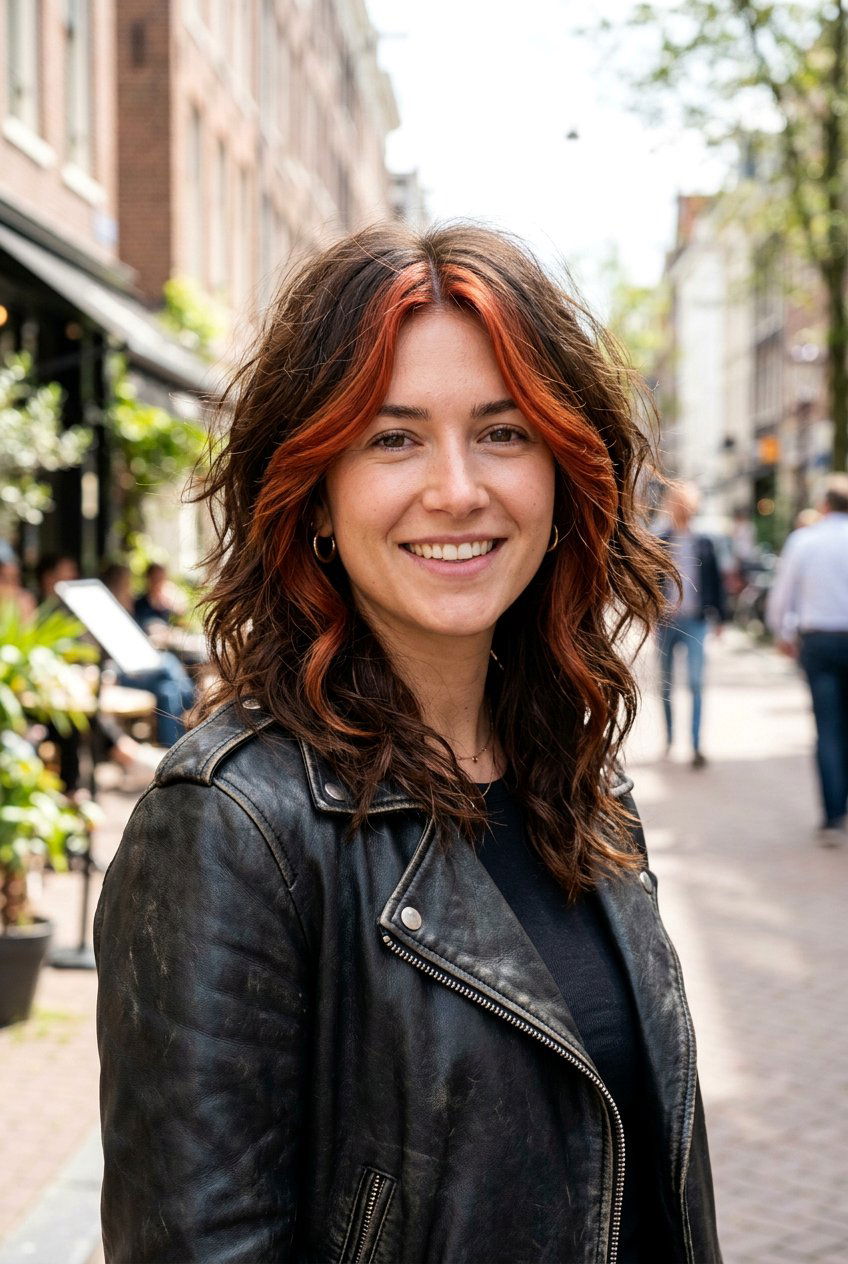 Auburn Money Piece On A Brunette Shag - 20 autumn auburn highlights for brunettes - 20 autumn auburn highlights for brunettes