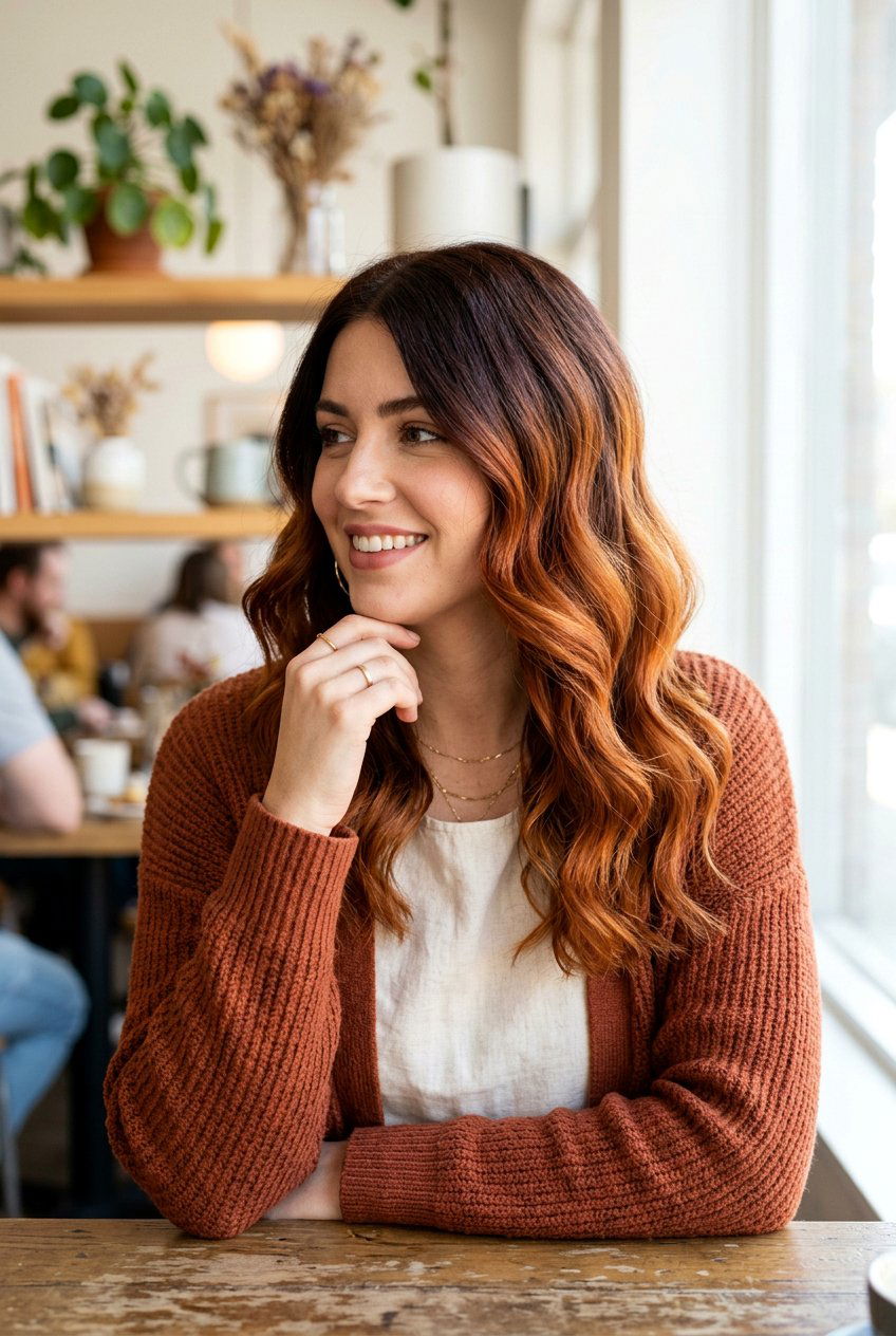 Auburn Ombre On Wavy Brunette Hair - 20 autumn auburn highlights for brunettes - 20 autumn auburn highlights for brunettes