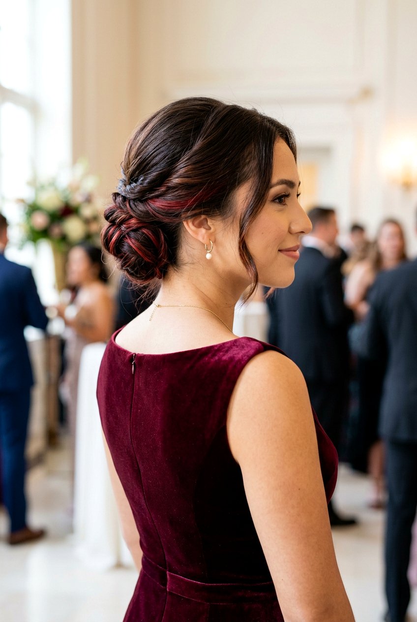 Auburn Peekaboo Highlights On A Brunette Updo - 20 autumn auburn highlights for brunettes - 20 autumn auburn highlights for brunettes