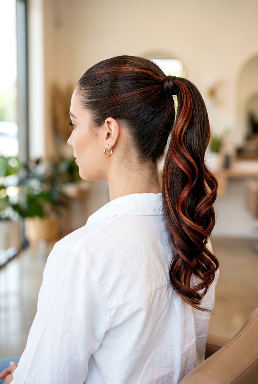 Auburn Ribbon Highlights On A Long Brunette Ponytail - 20 autumn auburn highlights for brunettes - 20 autumn auburn highlights for brunettes