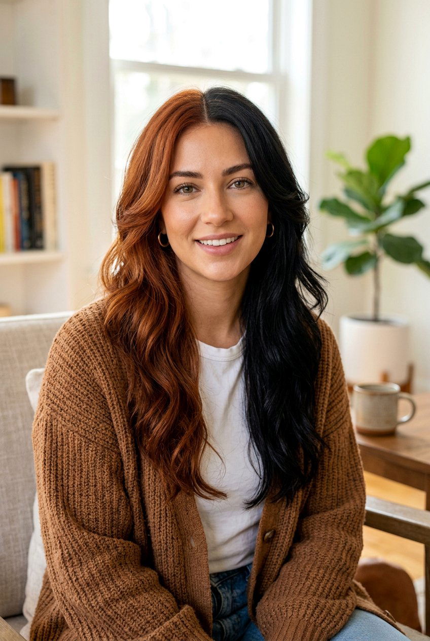 Auburn and Black Split Dye on Long Layers - 20 copper and black split dye hair - 20 copper and black split dye hair