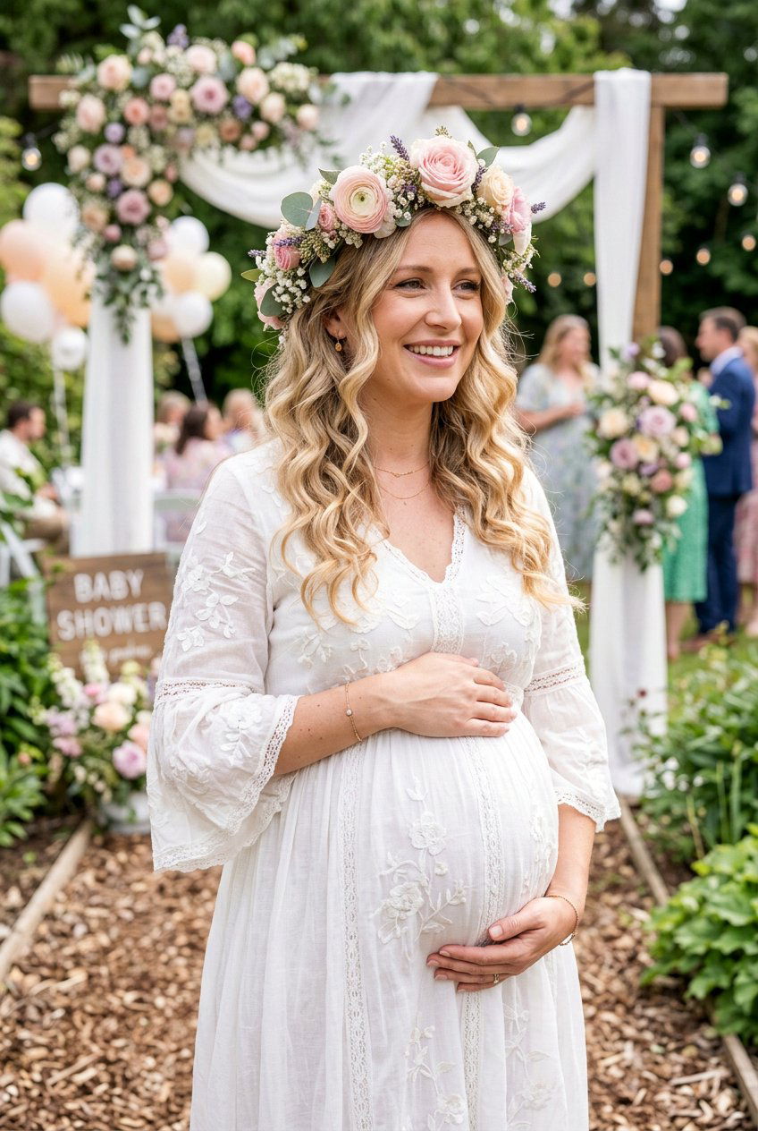 Baby Shower Hair With Flower Crown - 20 baby shower hairstyles - 20 baby shower hairstyles