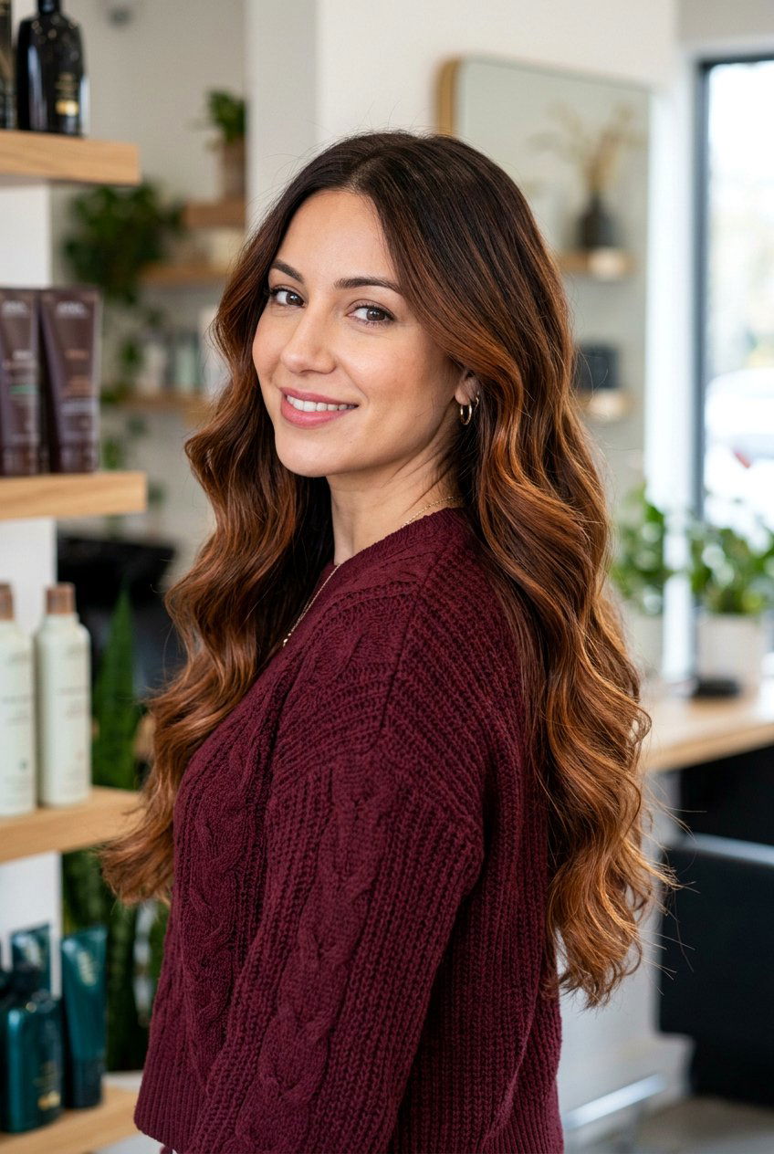 Balayage on Dark Brown Hair with Copper Tones - 20 rooted balayage for brunettes - 20 rooted balayage for brunettes