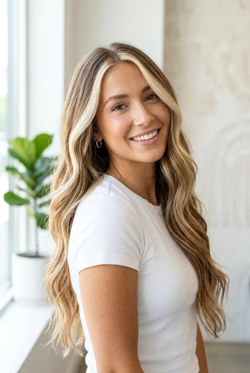 Balayage with Chunky Blonde Money Piece on Long Hair - 20 money piece with balayage - 20 money piece with balayage