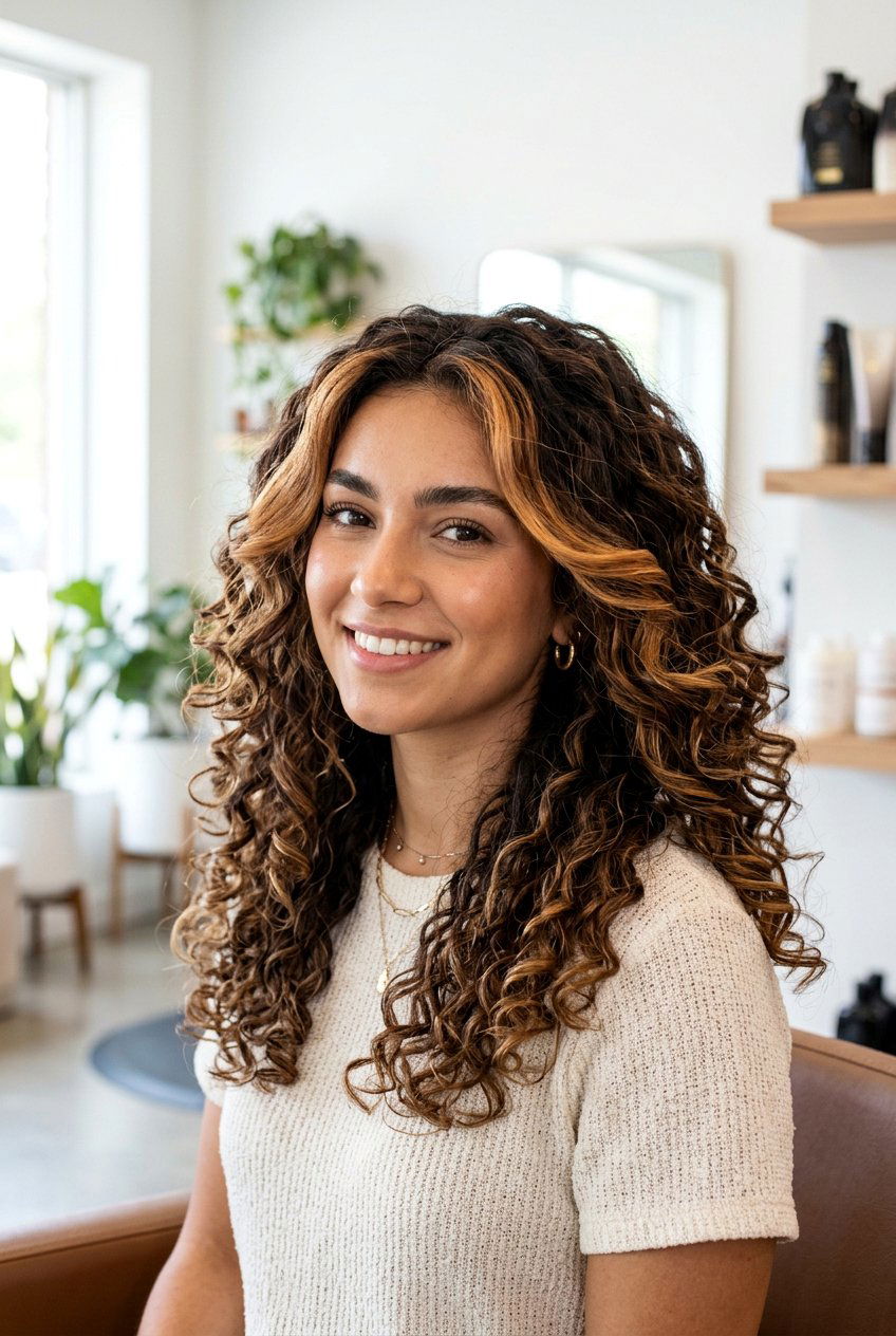 Balayage with Money Piece on Curly Hair - 20 money piece with balayage - 20 money piece with balayage