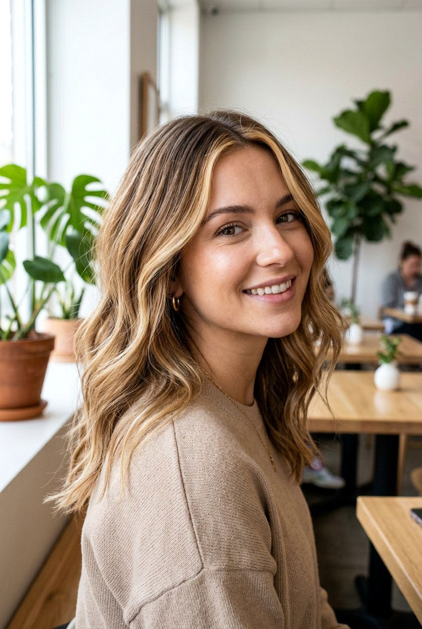 Balayage with Money Piece on Shoulder Length Hair - 20 money piece with balayage - 20 money piece with balayage