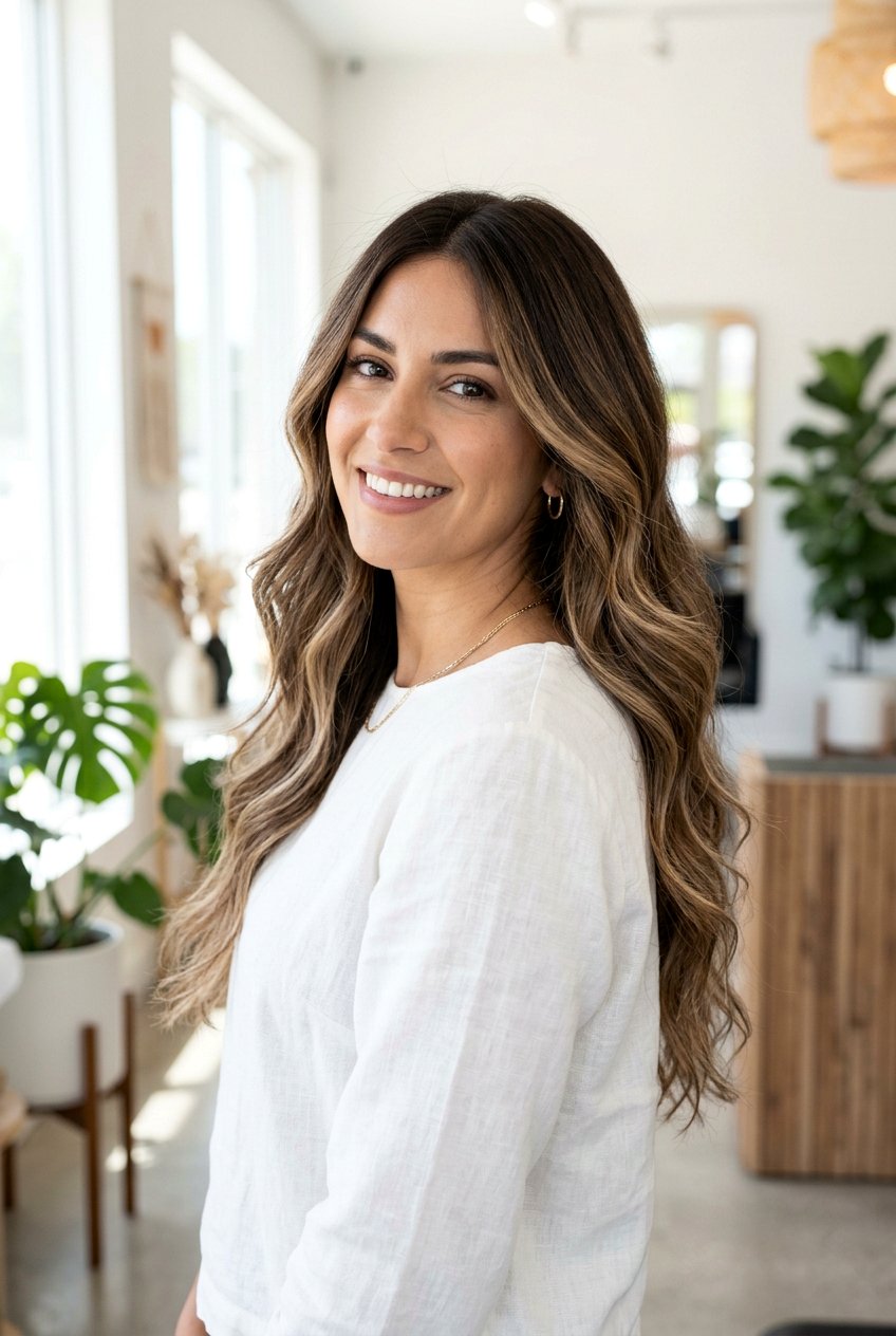 Balayage with Soft Root Shadow on Brunette Hair - 20 soft brunette highlights - 20 soft brunette highlights