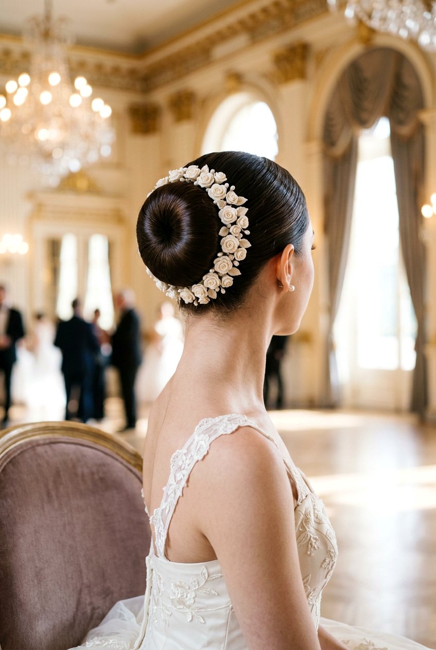 Ballerina Bun With Tiny Rose Pins - 20 bridal hairstyle with floral pins - 20 bridal hairstyle with floral pins