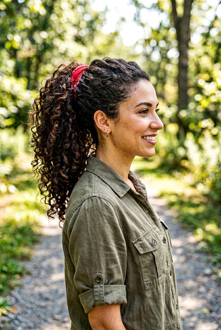 Bandana Wrapped Ponytail - 20 hiking hairstyle for curly hair women - 20 hiking hairstyle for curly hair women