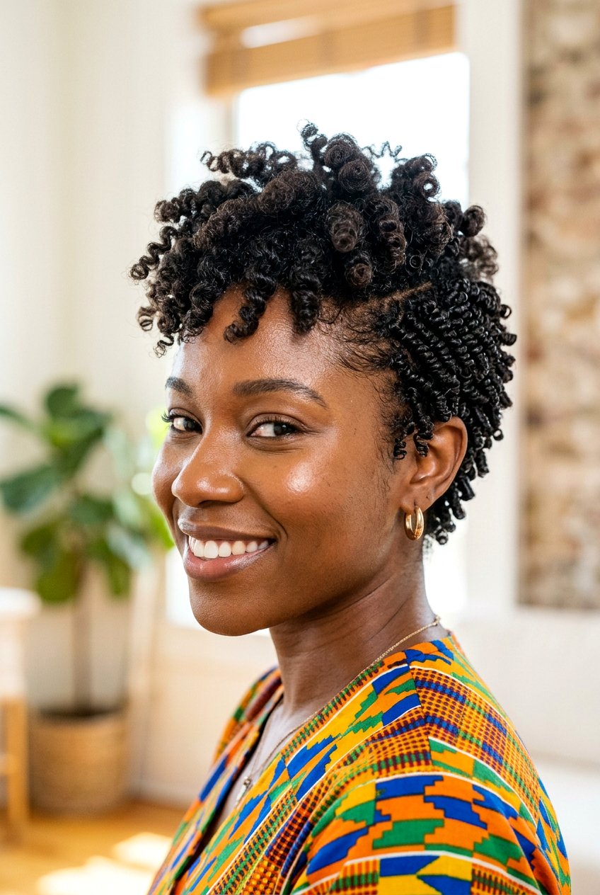 Bantu Knot and Perm Rod Combo on Short Natural Hair - 20 perm rod curls on short natural hair - 20 perm rod curls on short natural hair