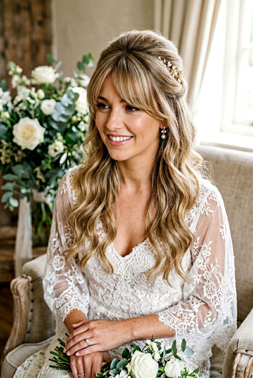 Bardot Bangs With Half Up Half Down - 20 bridal hairstyle for women with bangs - 20 bridal hairstyle for women with bangs