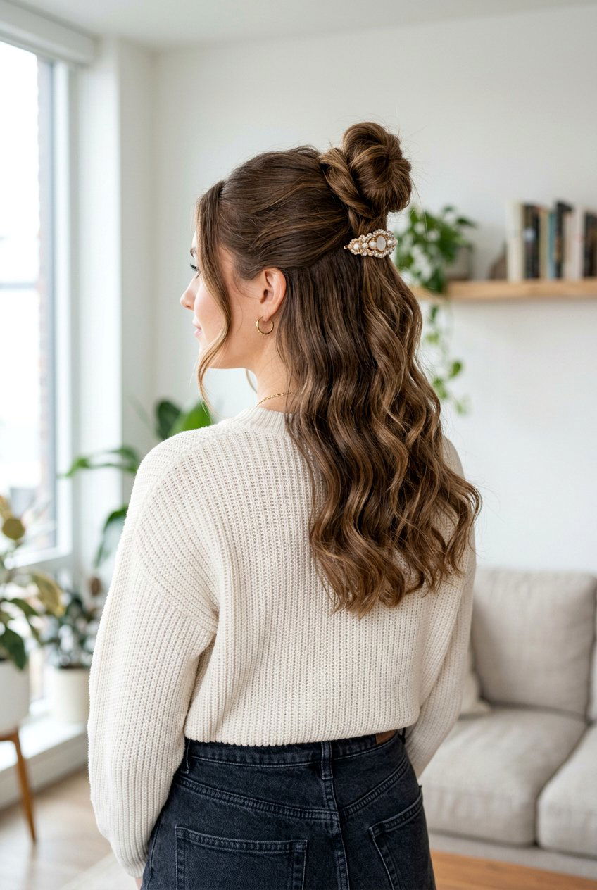 Barrette Half Up Bun Hairstyle - 20 barrette hairstyles for women - 20 barrette hairstyles for women