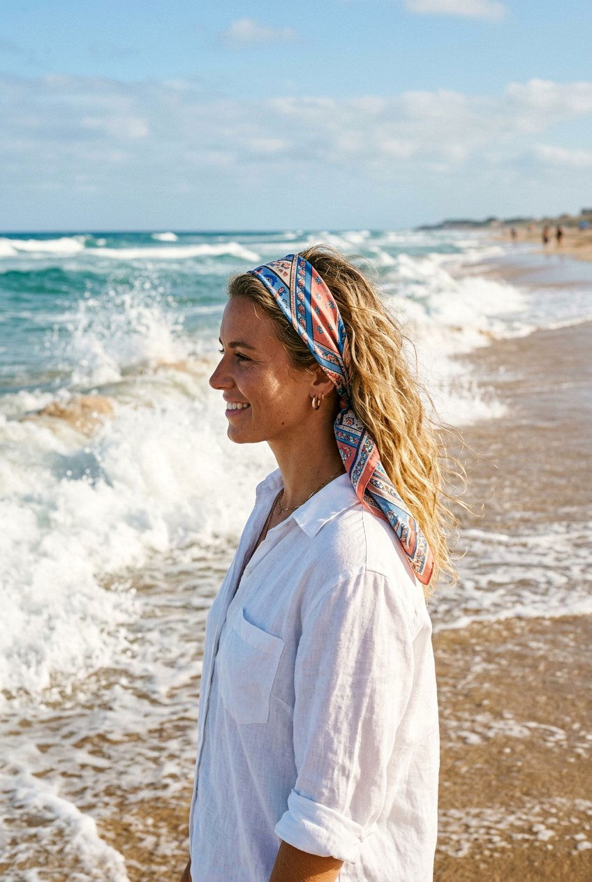 Beach Waves With Scarf Headband - 20 beach photo shoot hairstyles - 20 beach photo shoot hairstyles