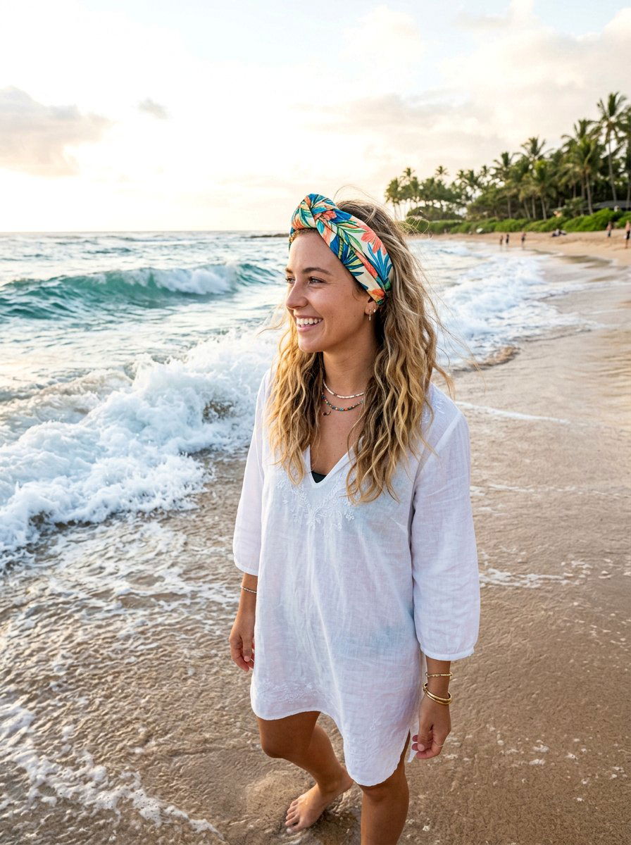 Beach Waves With Tropical Scarf Headband - 20 vacation hairstyle with tropical scarf - 20 vacation hairstyle with tropical scarf