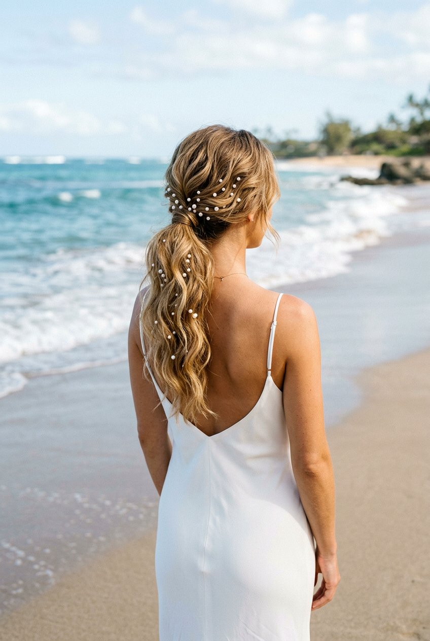 Beachy Bridal Ponytail - 20 bridal ponytail with pearl pins - 20 bridal ponytail with pearl pins