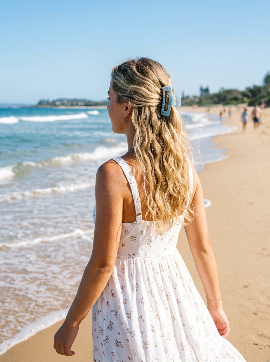 Beachy Half Up Claw Clip Hair - 20 vacation claw clip hairstyle - 20 vacation claw clip hairstyle