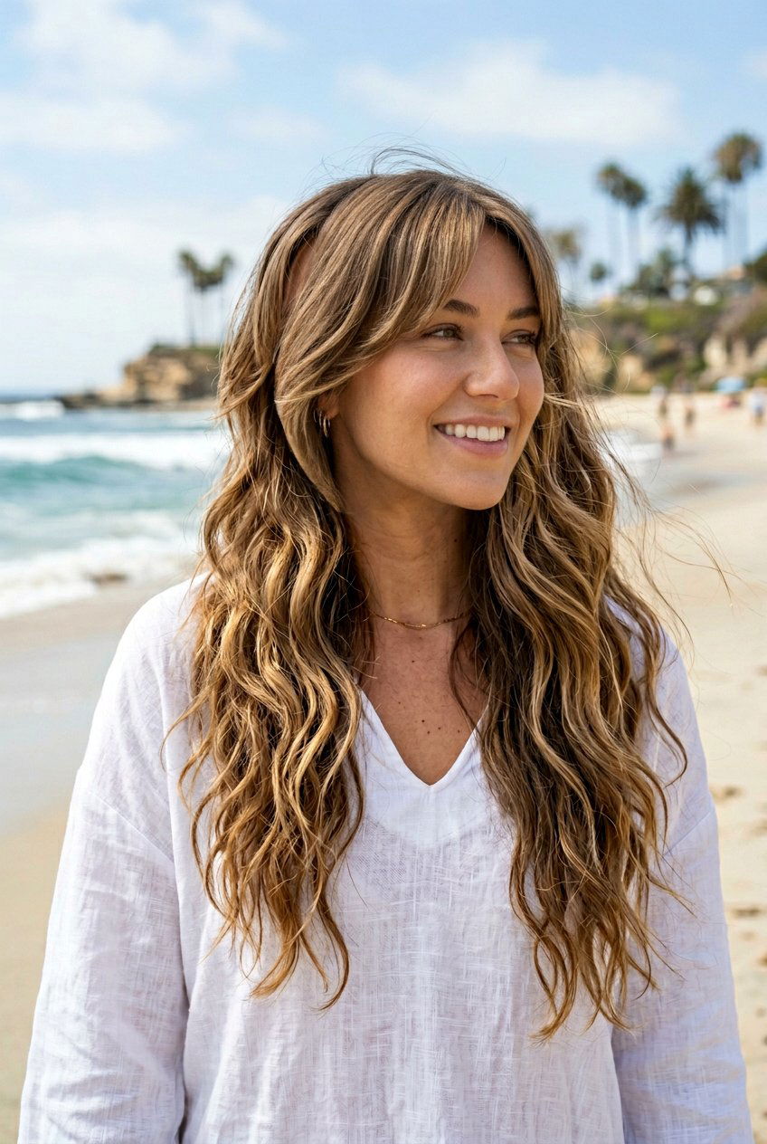 Beachy Waves with Long Layers and Side Swept Bangs - 20 long wavy layers for thick hair - 20 long wavy layers for thick hair