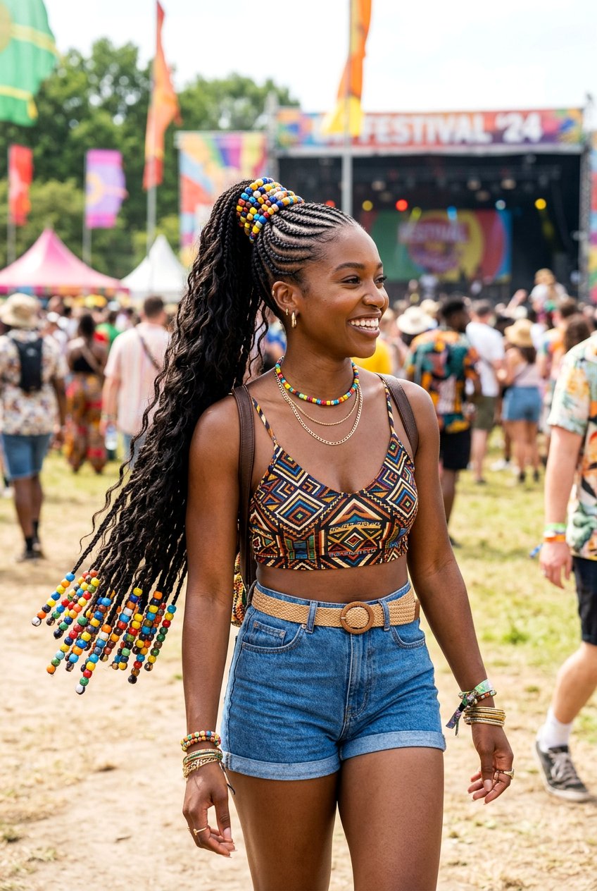 Beaded Cornrow Ponytail With Weave - 20 cornrows into ponytail with weave - 20 cornrows into ponytail with weave