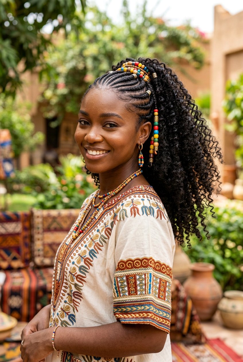 Beaded Cornrows With Curly Ponytail - 20 cornrows with curly ponytail - 20 cornrows with curly ponytail